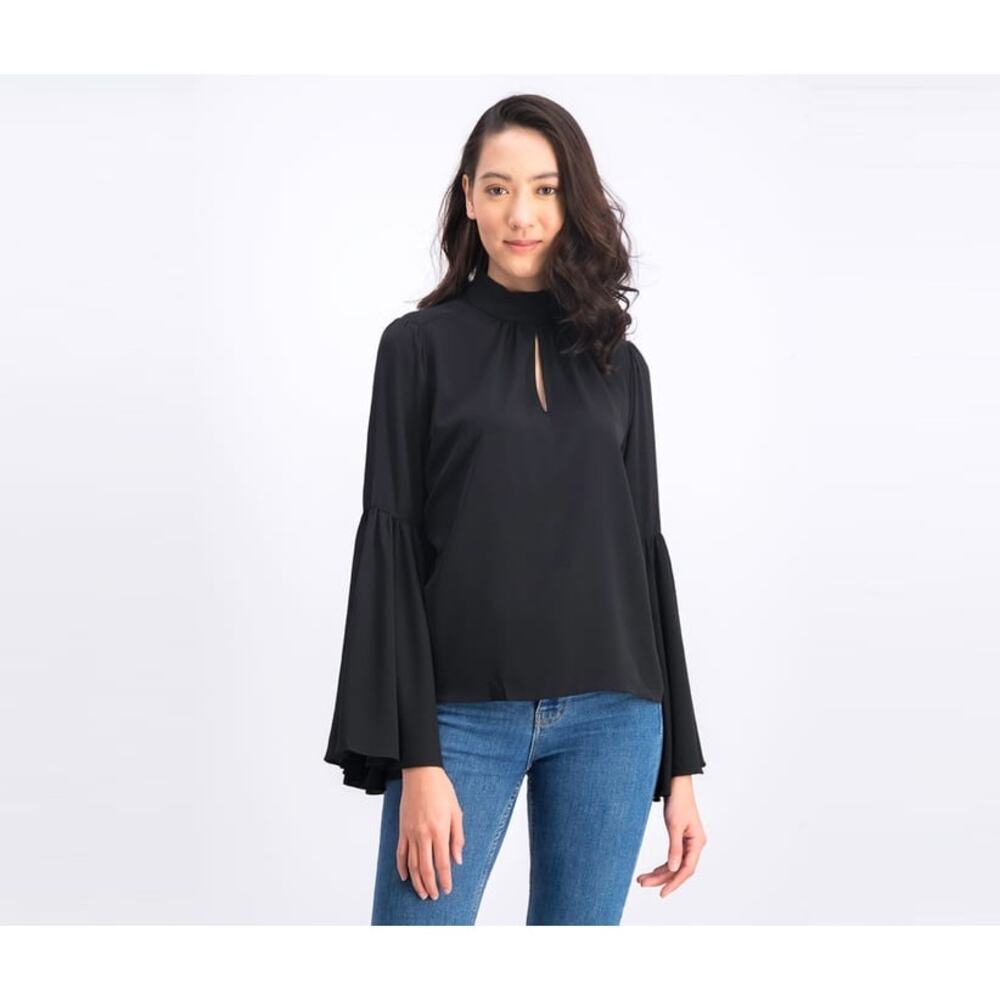 T Tahari Black Keyhole Mockneck Blouse — Bell Sleeve Top, size S/P | NWT